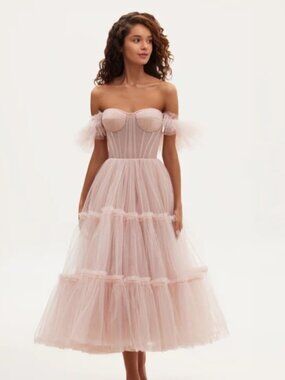 Milla Misty Rose Ruffled Tulle Midi Dress